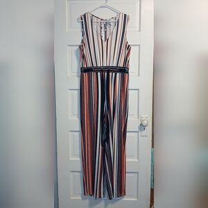 Emma & Michele XL Striped Jumpsuit Wide Leg Elastic Waist Tie